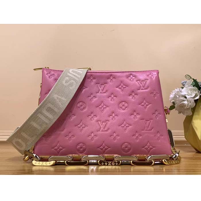 Louis Vuitton LV Women Coussin PM Handbag Rose Bonbon Pink Lambskin Zip Closure