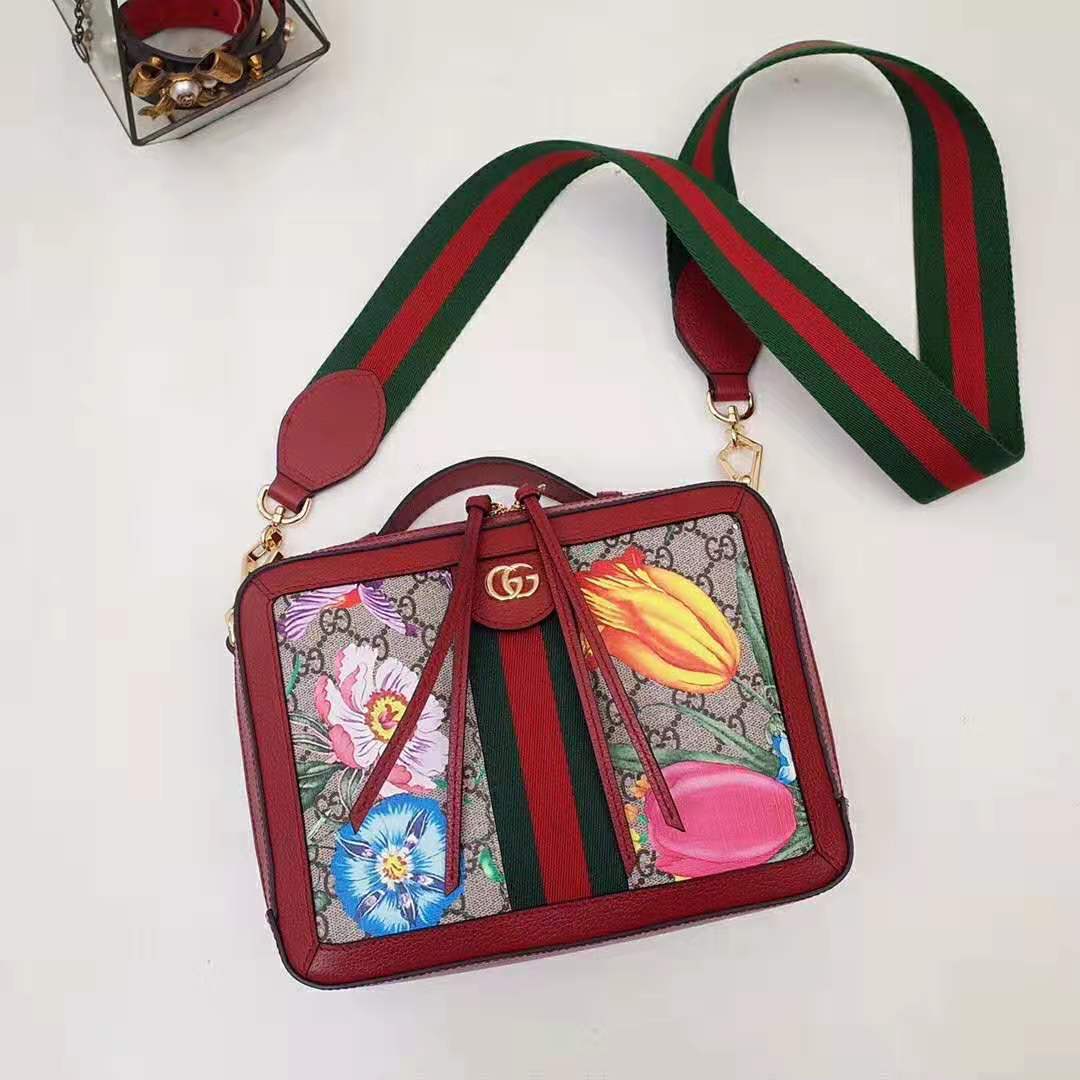 Gucci GG Women Ophidia GG Flora Small Shoulder Bag in Beige/Ebony GG Supreme Canvas