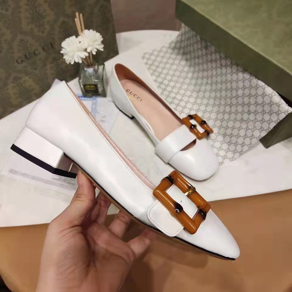 Gucci Women’s GG Ballet Flat Bamboo Buckle White Leather Round Toe Chunky Heel