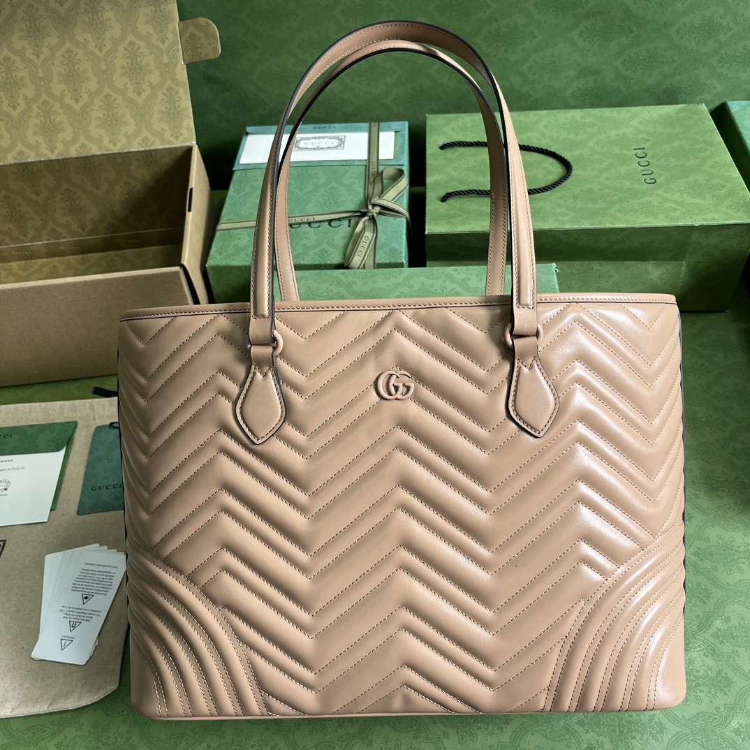 Gucci Women GG Marmont Large Tote Bag Rose Beige Matelassé Chevron Leather