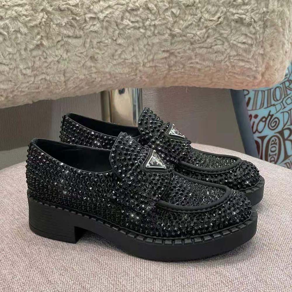 Prada Women Chocolate Satin Loafers with Crystals-Black