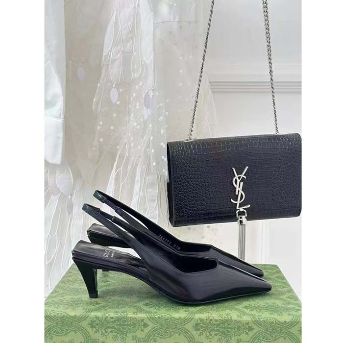 Gucci Women GG Slingback Pump Black Leather Interlocking G Square Upper Mid-Heel