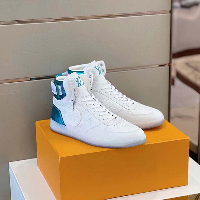 Louis Vuitton LV Unisex Rivoli Sneaker Boot Blue White Calf Leather Monogram Canvas