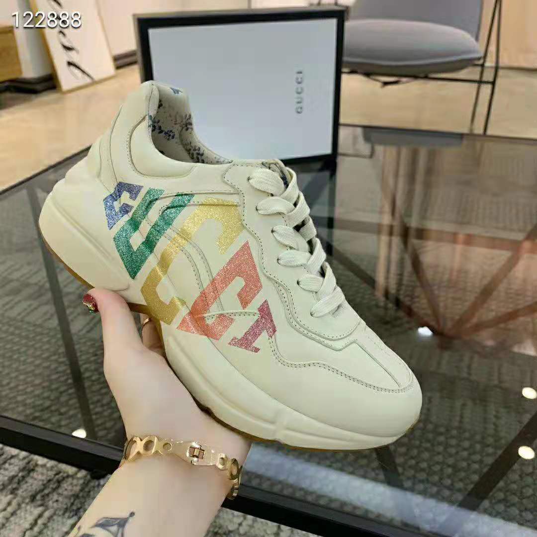Gucci Women Rhyton Glitter Gucci Leather Sneake-Beige
