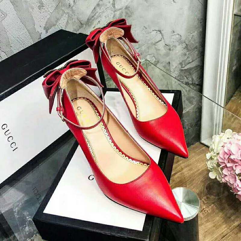 Gucci Women Shoes Leather Pump with Bow 85mm Heel-Red