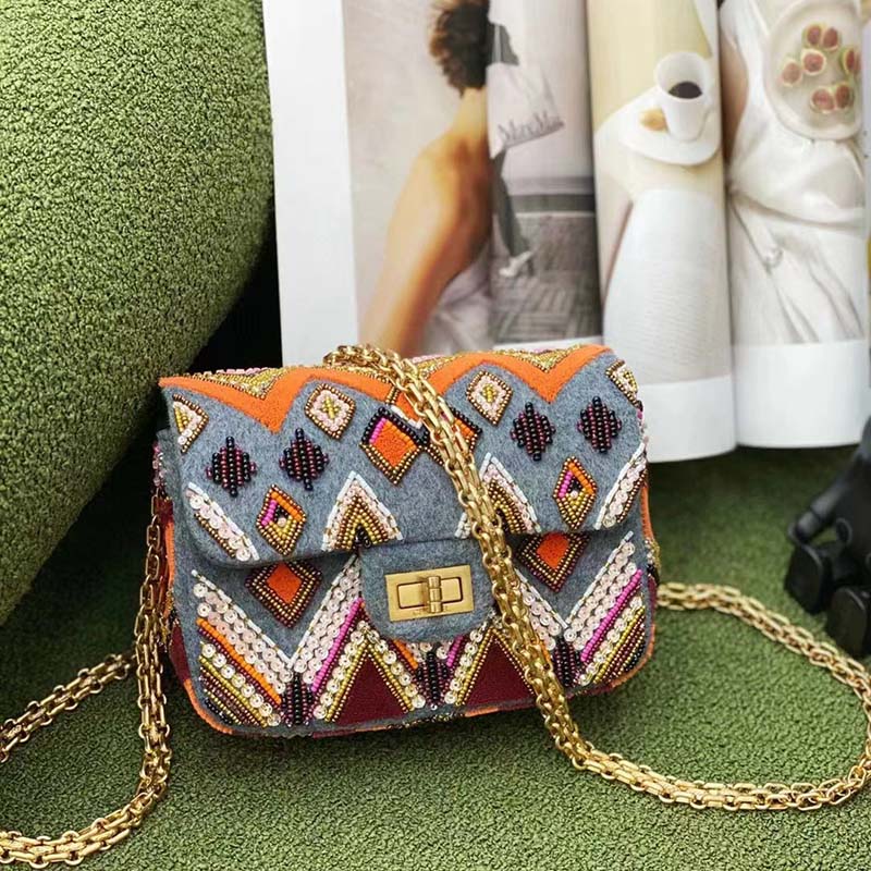 Chanel Women CC Only 1 Bag Set Of 4 Minis Bags Blue Lambskin Sequins Glass Pearls