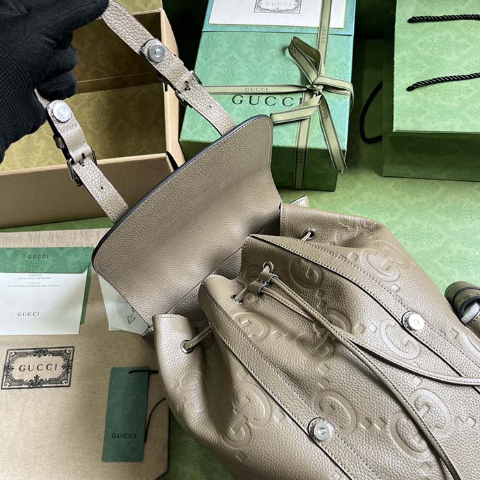 Gucci Unisex Jumbo GG Backpack Dark Green Leather Cotton Linen Top Handle