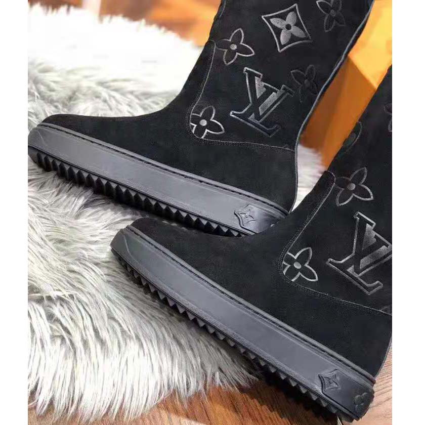 Louis Vuitton LV Women Breezy Half Boot in Black Suede Calf Leather with Monogram Canvas-Black