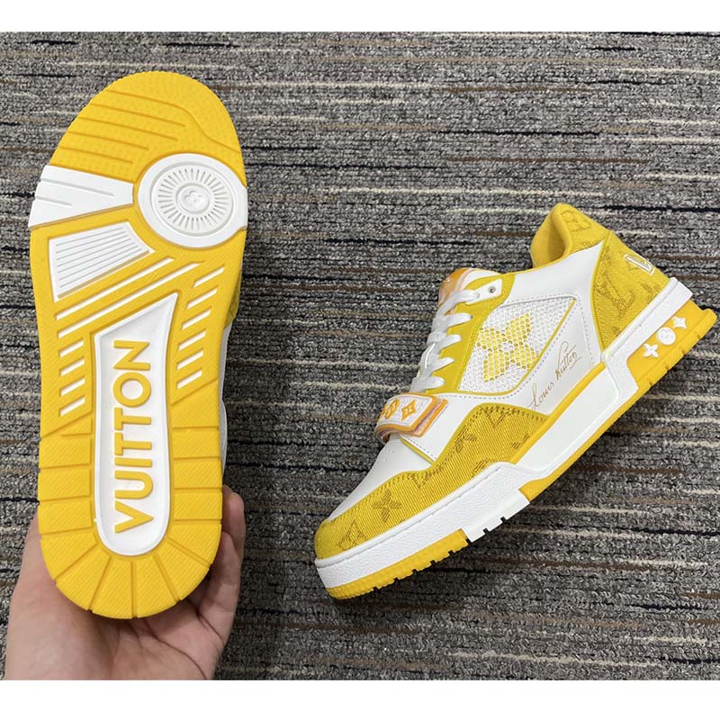 Louis Vuitton Unisex LV Trainer Sneaker Yellow Monogram Denim Rubber Outsole Monogram Flowers