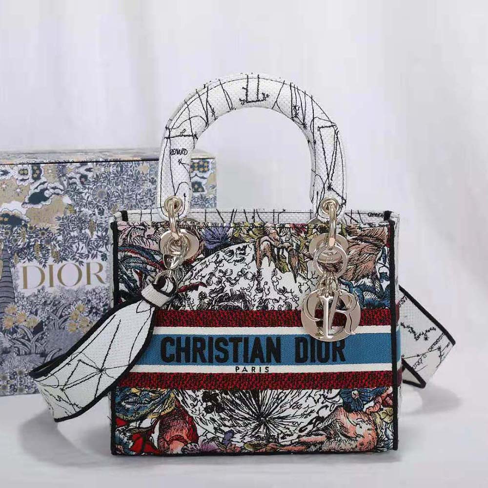 Dior Women Medium Lady D-lite Bag Latte Multicolor Dior Constellation Embroidery-White