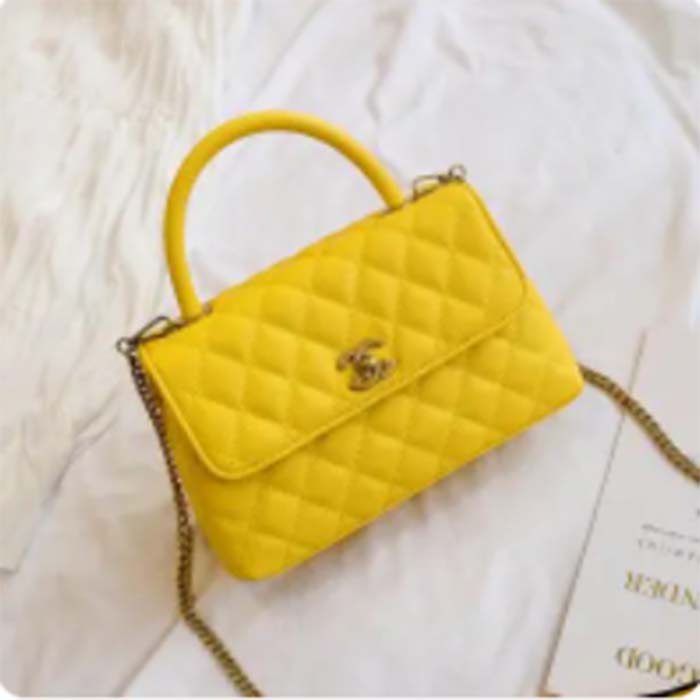 Chanel Women CC Quilted Handbag Yellow Calfskin Leather Gold-Tone Metal