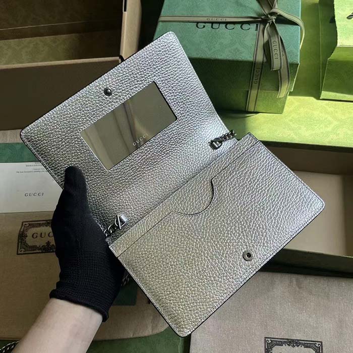 Gucci Women GG Marmont Mini Chain Bag Metallic Silver Leather Double G