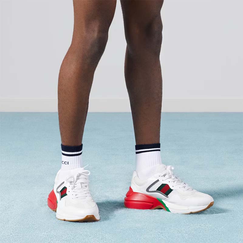 Gucci Unisex GG Rhyton Sneaker White Leather Mesh Rubber Sole Low Heel