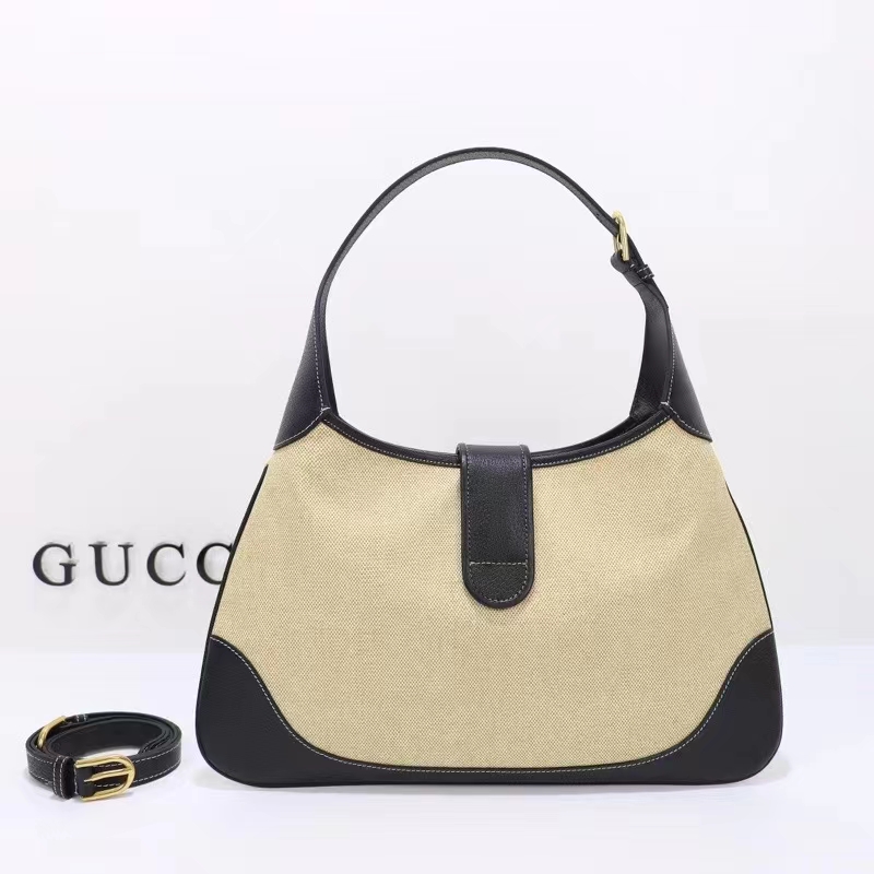 Gucci Women GG Aphrodite Large Shoulder Bag Beige Black Cotton Canvas Black Leather