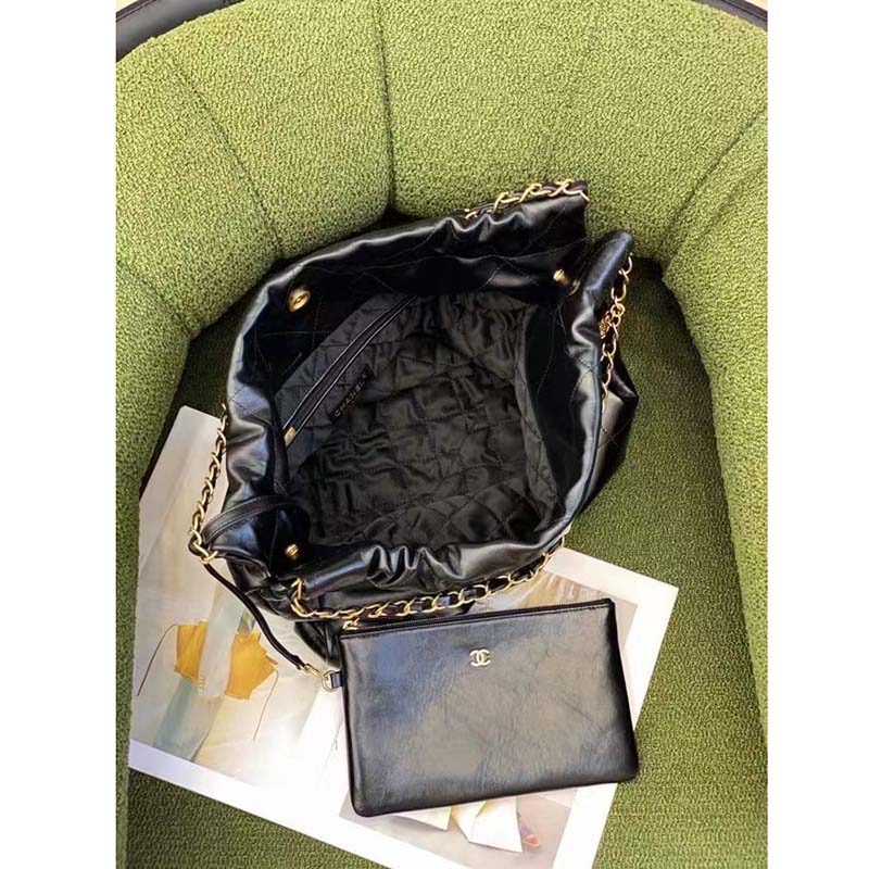 Chanel Women 22 Handbag Shiny Calfskin Gold-Tone Metal Black