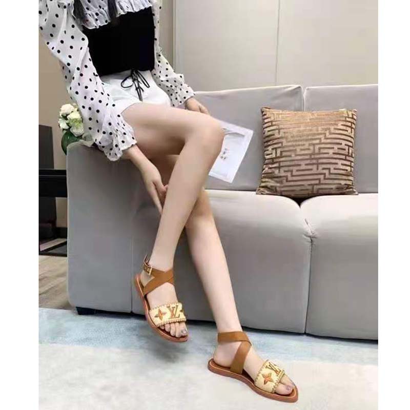 Louis Vuitton LV Women Sienna Flat Sandal Cognac Brown Raffia Leather Outsole