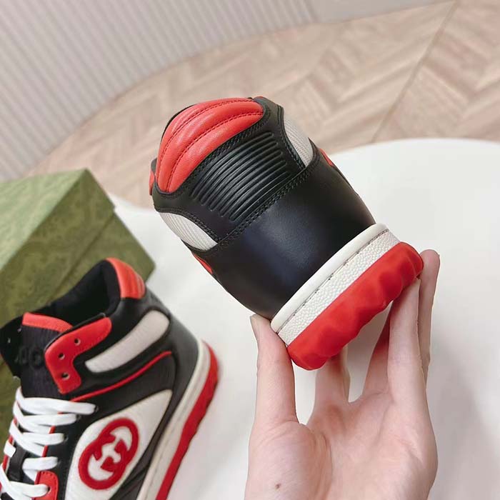 Gucci Unisex Mac80 High Top Sneaker Off Black Red Leather Round Toe Rubber Sole Flat