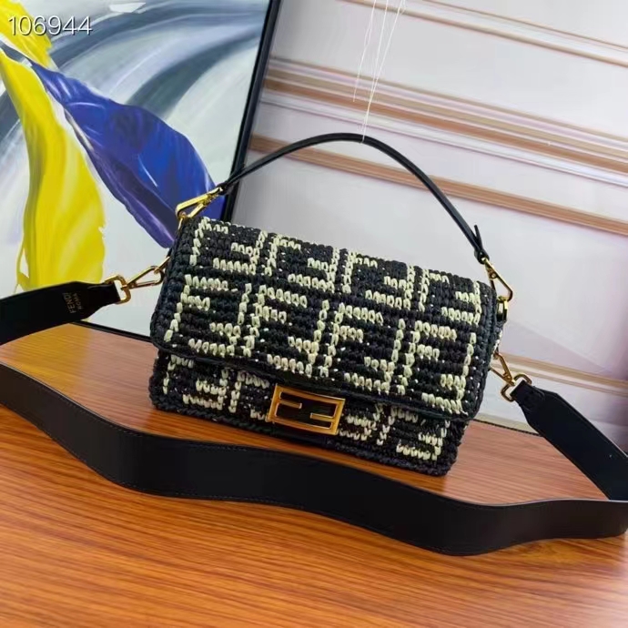 Fendi Women FF Baguette Black Raffia Back Crocheted FF