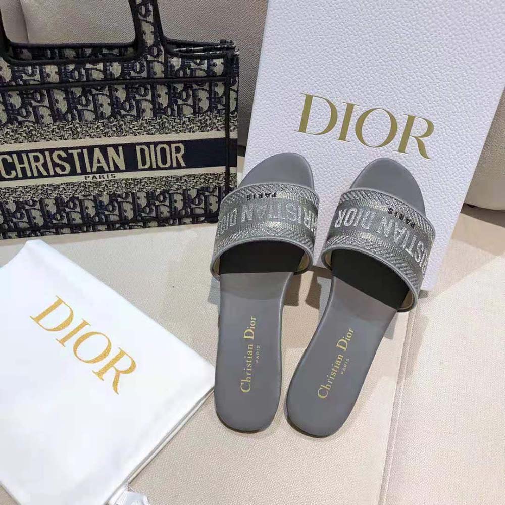 Dior Women Dway Slide Silver-Tone Embroidered Metallic Fabric