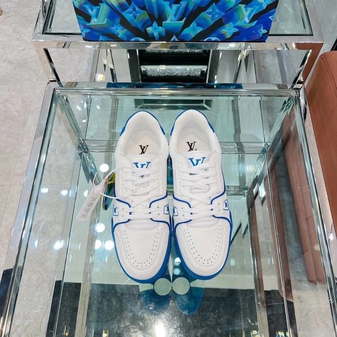 Louis Vuitton Unisex LV Trainer Sneaker Blue Calf Leather Rubber Outsole Monogram Flowers