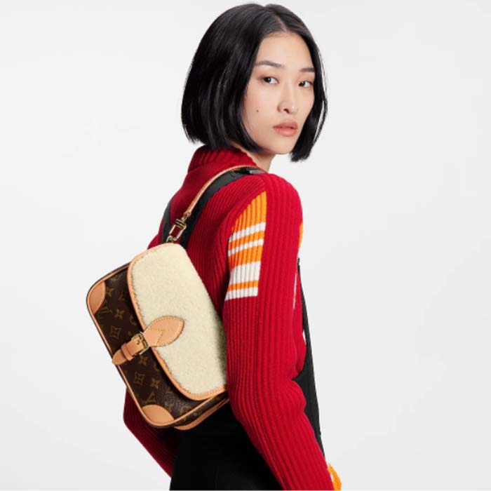 Louis Vuitton LV Women Diane Handbag Beige Brown Monogram Coated Canvas Shearling