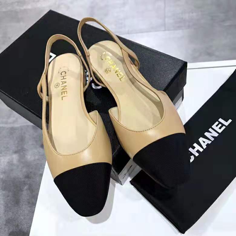 Chanel Women Slingbacks in Goatskin & Grosgrain-Sandy