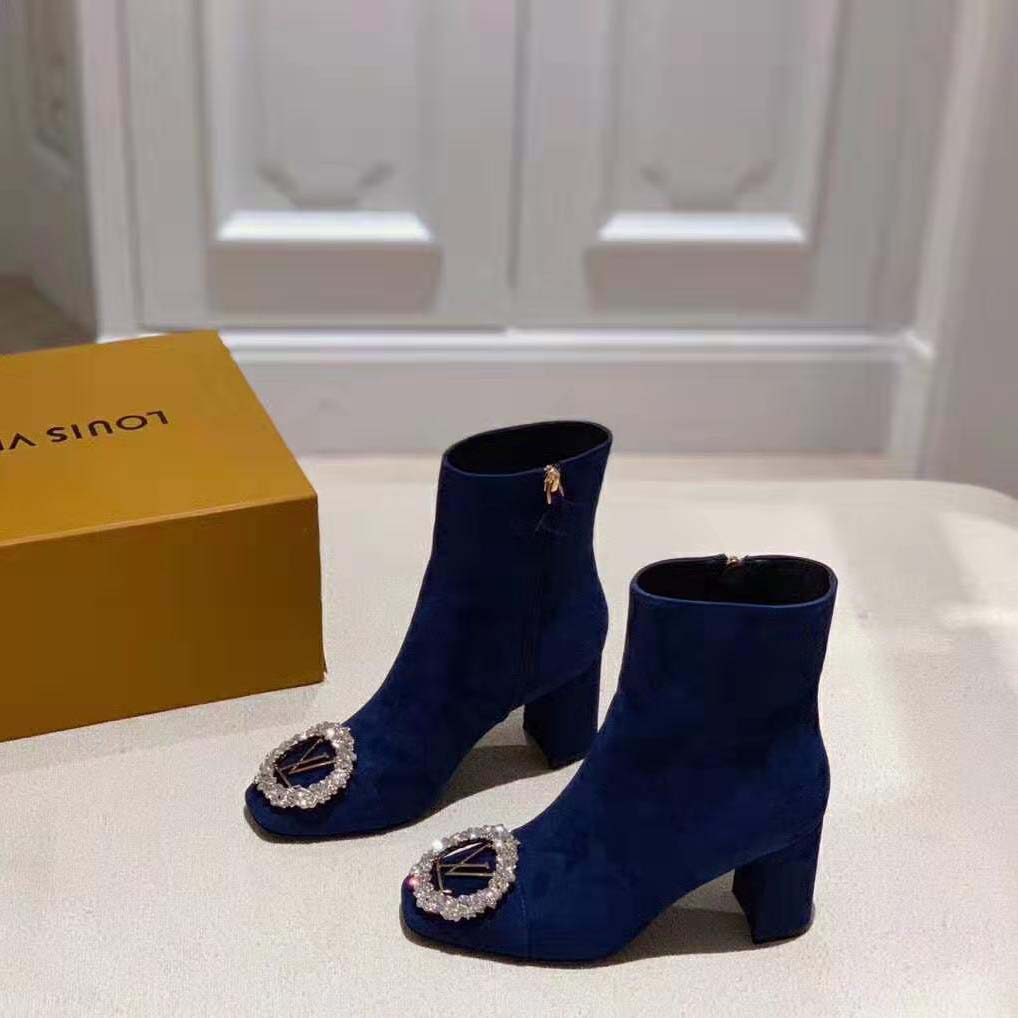 Louis Vuitton LV Women Madeleine Ankle Boot in Suede Baby Goat Leather 7.5 cm Heel-Blue