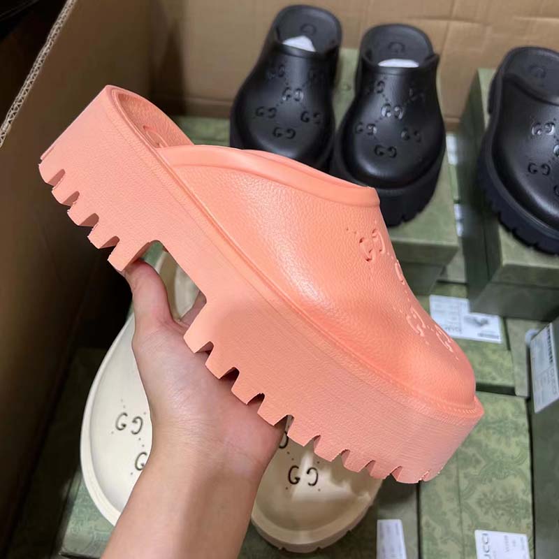 Gucci Women Slip-On Sandal Peach Perforated GG Rubber Mid 6 Cm Heel