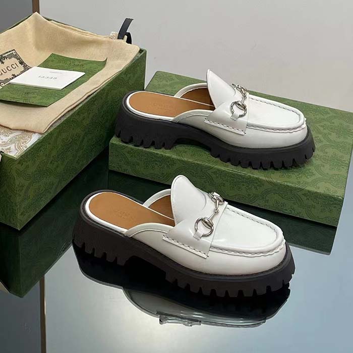 Gucci Women GG Mule Horsebit White Leather Rubber Lug Sole Flat