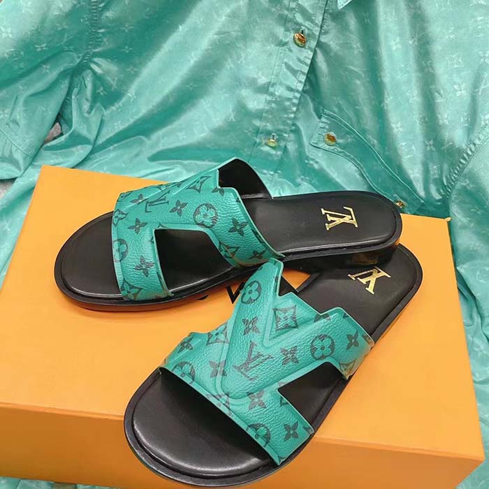 Louis Vuitton LV Unisex Oasis Mule Eclipse Green Monogram Grained Calf Leather Rubber