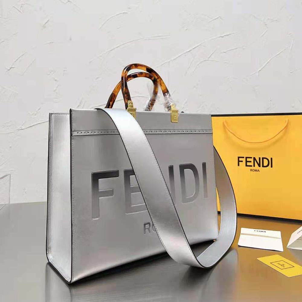 Fendi Women Fendi Sunshine Medium Silver Laminated Leather Shopper