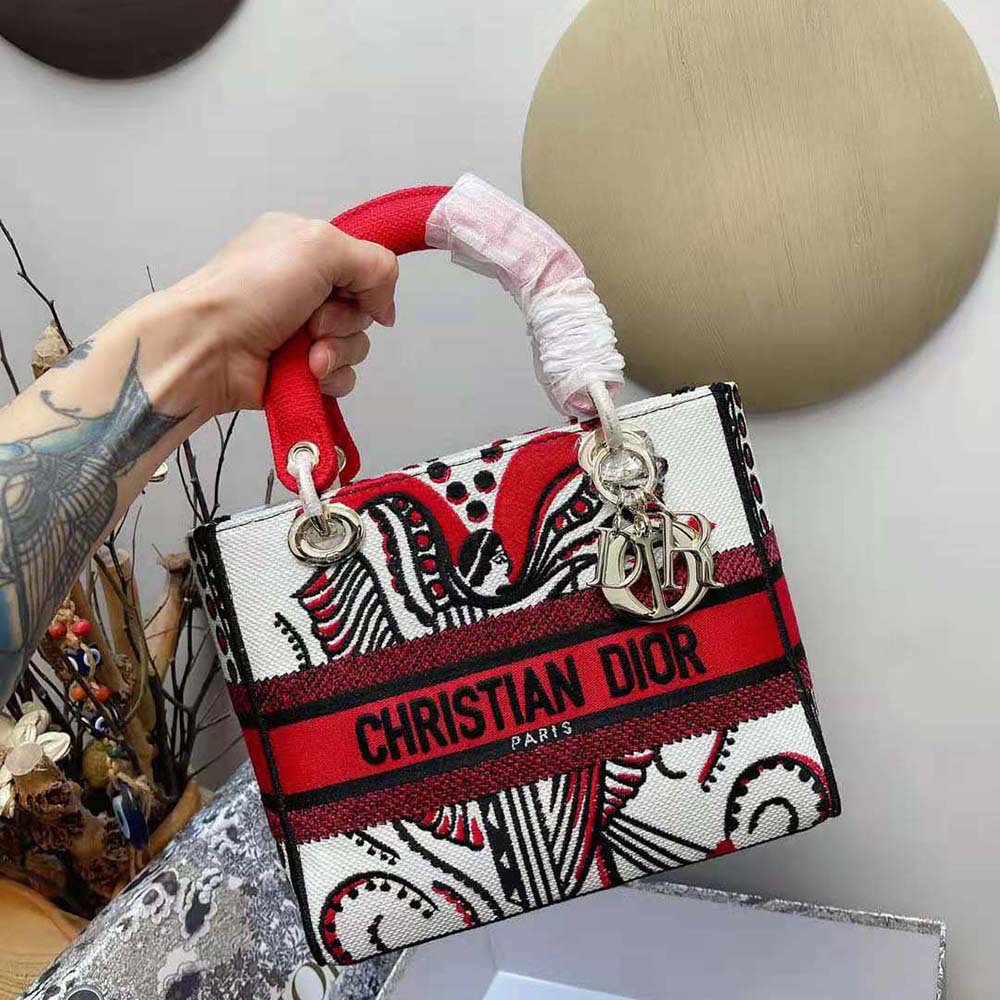 Dior Women Medium Lady D-lite Bag Latte Multicolor Cupidon Embroidery