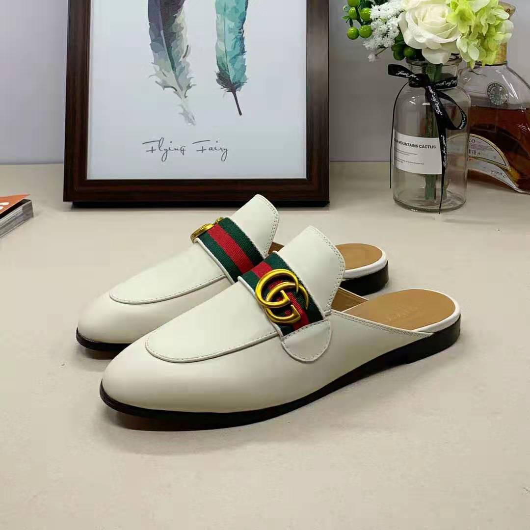 Gucci Women Leather Loafer with GG Web-White