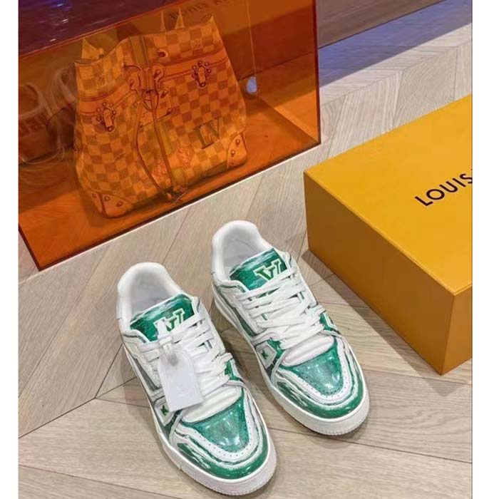 Louis Vuitton Unisex LV Trainer Sneaker Green Printed Calf Leather Rubber Outsole Initials