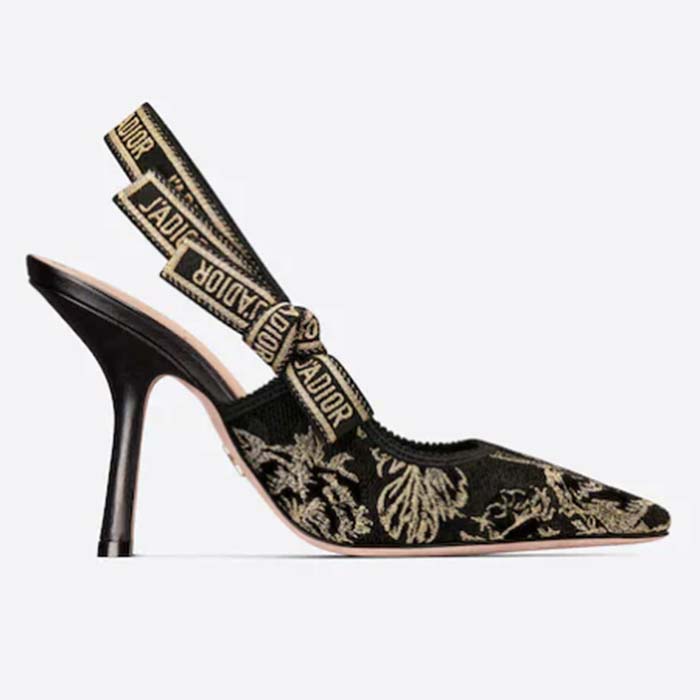 Dior Women CD J’Adior Slingback Pump Black Gold-Tone Velvet Embroidered Jardin D’Hiver