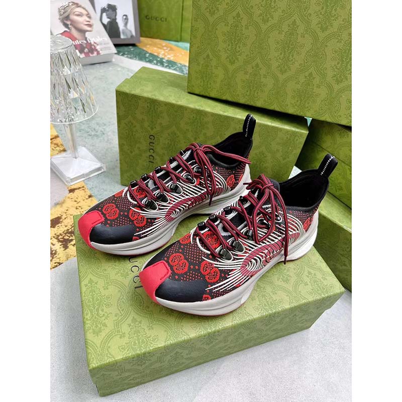 Gucci Unisex GG Run Sneaker Black Red Technical Knit Fabric Rubber Interlocking G