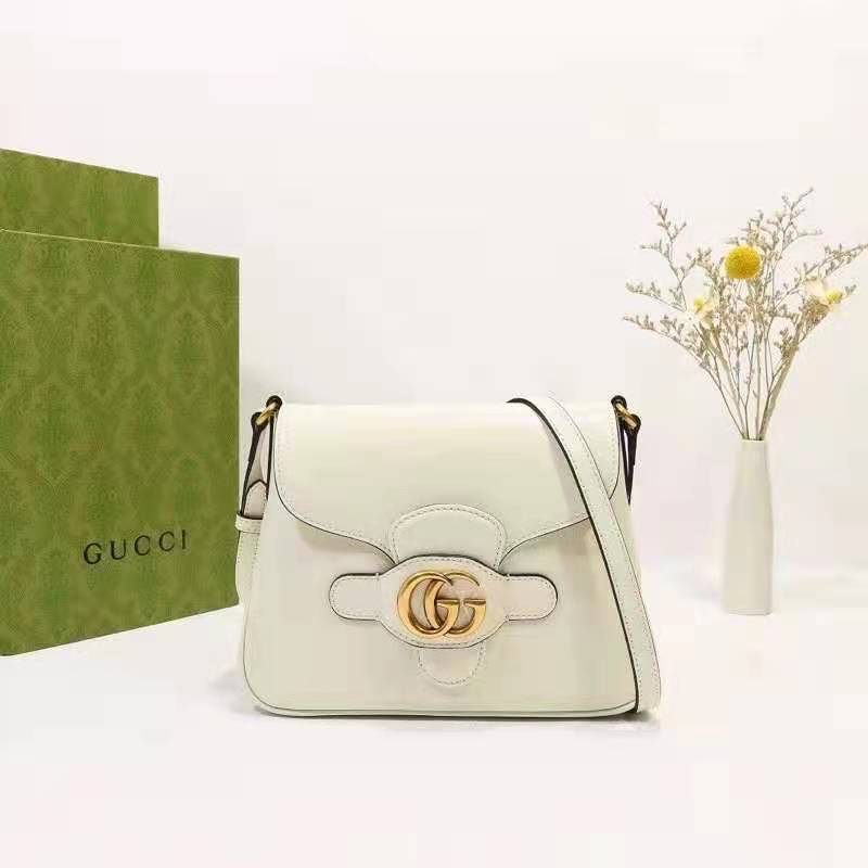 Gucci Unisex Small Messenger Bag with Double G White Leather Antique Gold-Toned Hardware