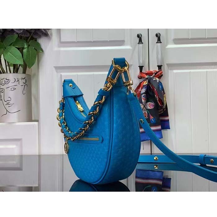 Louis Vuitton LV Women Loop Half-Moon Baguette Bag Blue Calfskin Monogram Flowers