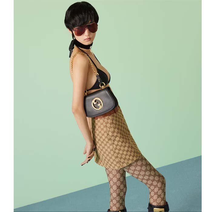 Gucci Women GG Blondie Mini Shoulder Bag Black Leather Round Interlocking G Chain