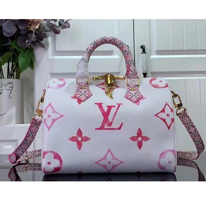 Louis Vuitton Women LV Speedy Bandoulière 25 Pink Monogram Coated Canvas Double Zip Padlock