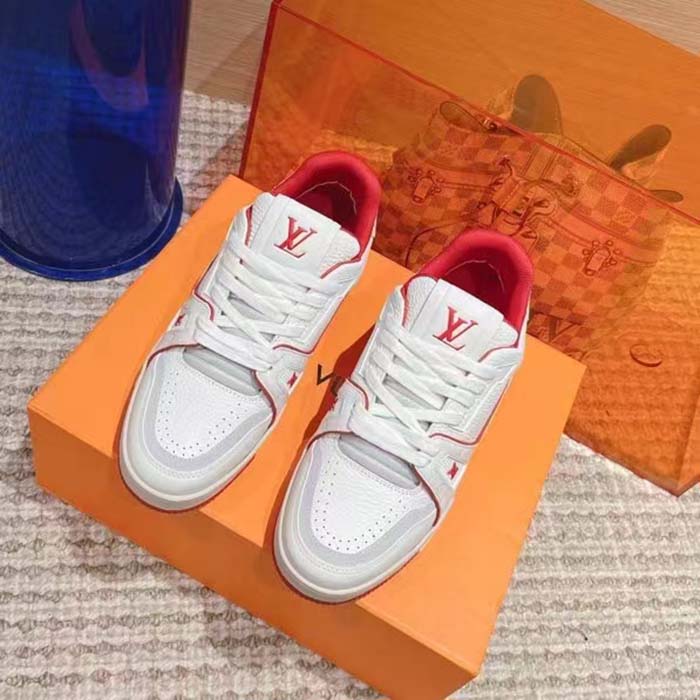 Louis Vuitton Unisex LV Trainer Sneaker Red Grained Calf Leather Rubber Initials