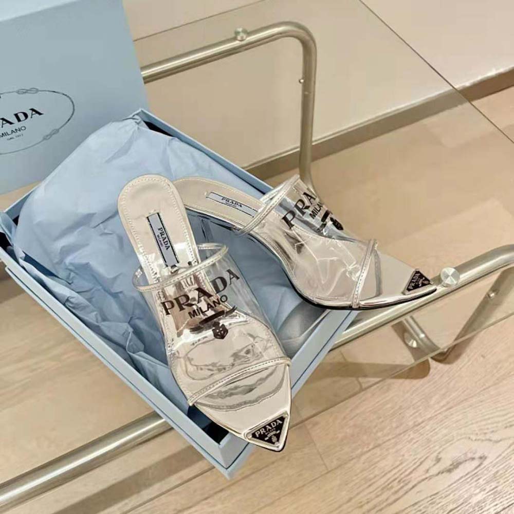Prada Women Logo-print Plexiglas High-Heel Slides in 75mm Heel Height