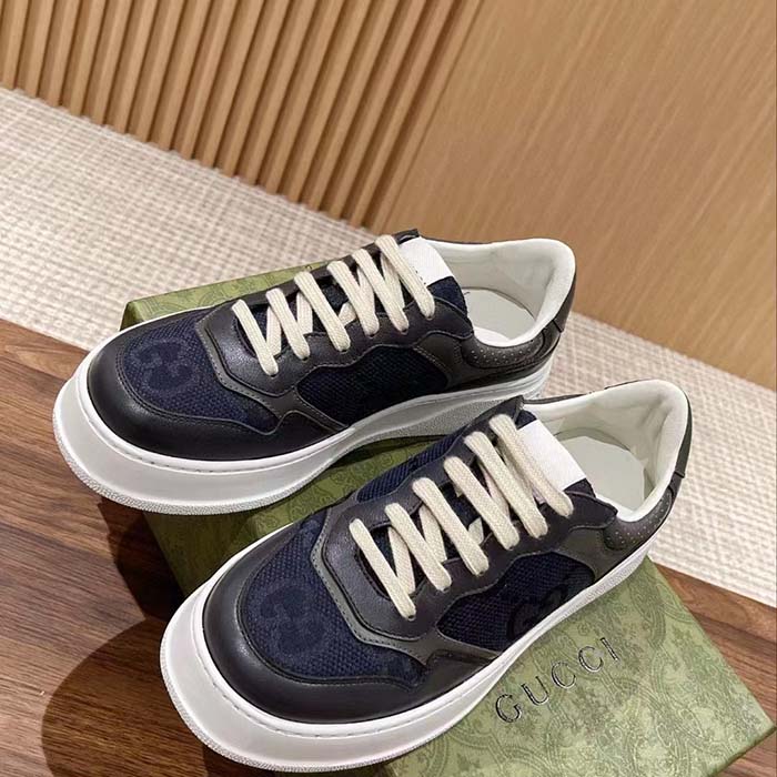 Gucci Unisex GG Lace Up Sneaker Grey Leather Blue Black GG Canvas