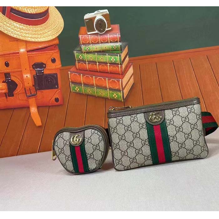Gucci Unisex Ophidia GG Heart Utility Belt Coin Purse Pouch Beige Ebony Supreme Canvas