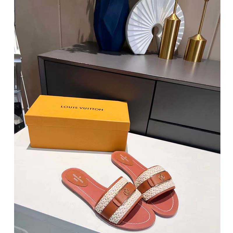 Louis Vuitton LV Women Lock It Flat Mule Cognac Brown Raffia Calf Leather