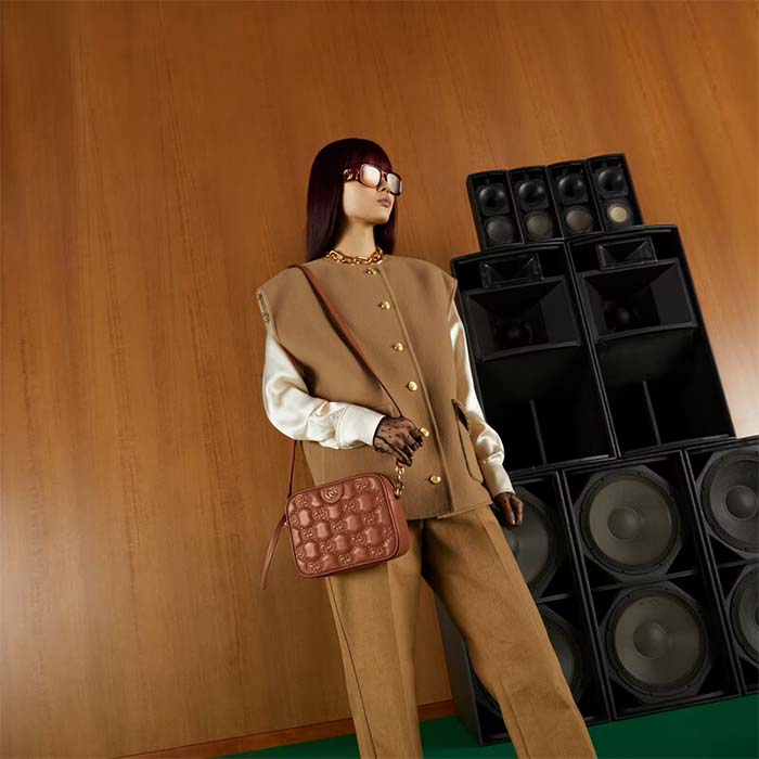 Gucci Women GG Matelassé Leather Small Bag Light Brown Double G Zip Closure