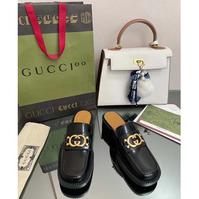 Gucci Unisex GG Slipper Interlocking G Black Leather Low 2.5 Cm Heel