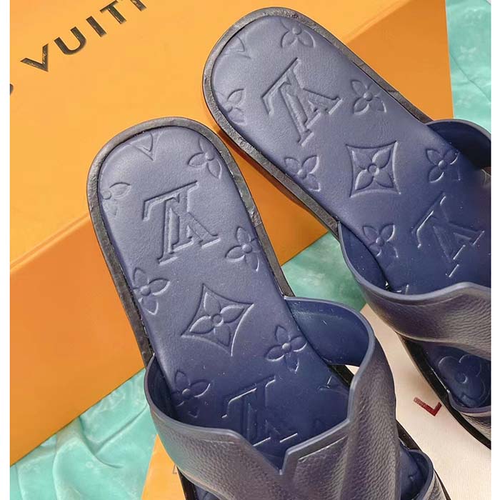 Louis Vuitton LV Unisex Oasis Mule Navy Blue Grained Calf Leather Rubber Outsole