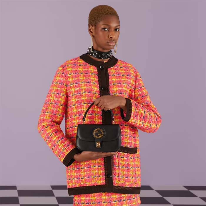 Gucci Women GG Blondie Top-Handle Bag Black Leather Round Interlocking G