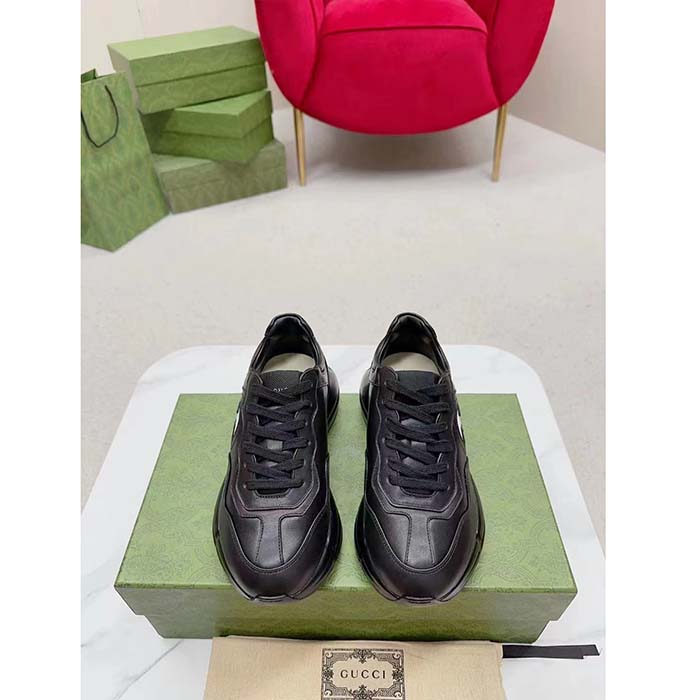 Gucci Unisex Interlocking G Rhyton Sneakers Black Leather White Cut-Out Rubber Sole